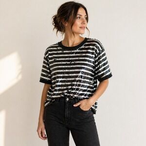 J.Crew Sequin Striped Top Women Large Black White Short Sleeve Boxy Party Shirt